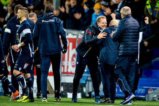 Christian Michelsen, head coach of Kristiansund, celebrates