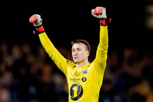 Goalkeeper Sean McDermott of Kristiansund celebrates at the