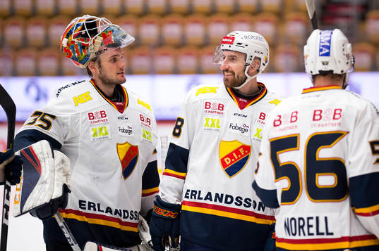 Djurgårdens målvakt Robin Jensen och Albin Lundin jublar