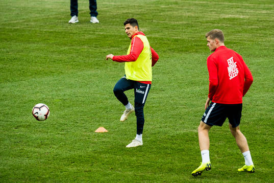 Tarik Elyounoussi and Alexander Sørloth of Norway