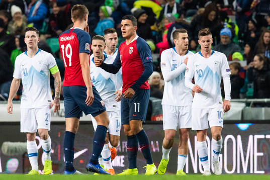 Markus Henriksen and Mohamed Elyounoussi of Norway looks