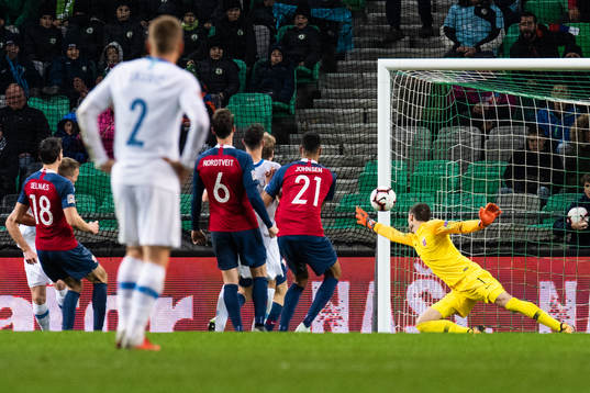 Slovenia scores a disallowed goal behind goalkeeper Rune