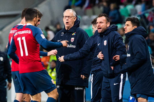 Lars Lagerbäck, head coach of Norway, celebrate