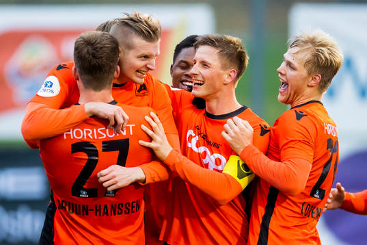 Erik Huseklepp of Åsane celebrates with his teammates