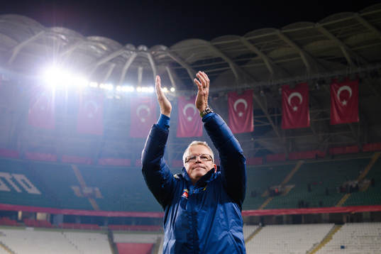 Head coach Janne Andersson of Sweden celebrates