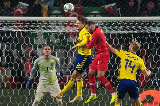 Goalkeeper Robin Olsen, Albin Ekdal and Filip Helander of