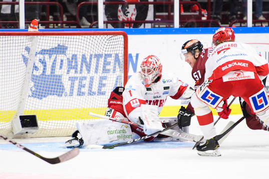 Malmö Redhawks Emil Sylvegård framför Timrås målvakt