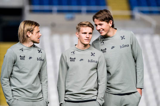 Iver Fossum, Martin Ødegaard and Sander Berge of Norway