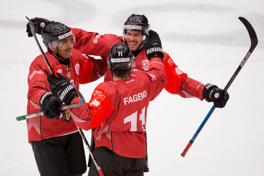 Linus Fagemo celebrates scoring 4-4 with team mates Joel