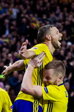 Marcus Berg of Sweden celebrates with his teammate
