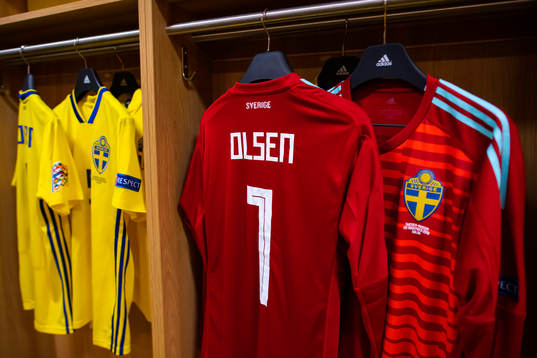 The jersey of goalkeeper Robin Olsen in team Sweden's