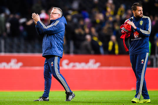 Head coach Janne Andersson of Sweden celebrates