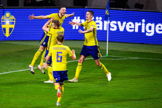 Marcus Berg of Sweden celebrates the 2-0 goal