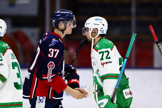Rögles Daniel Zaar och Linköpings Adam Ginning tackar