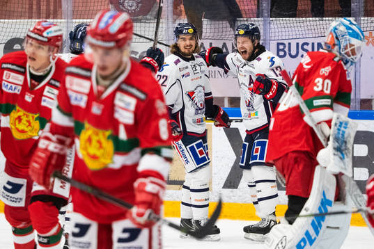 Linköpings Andrew Gordon jublar med Adam Brodecki