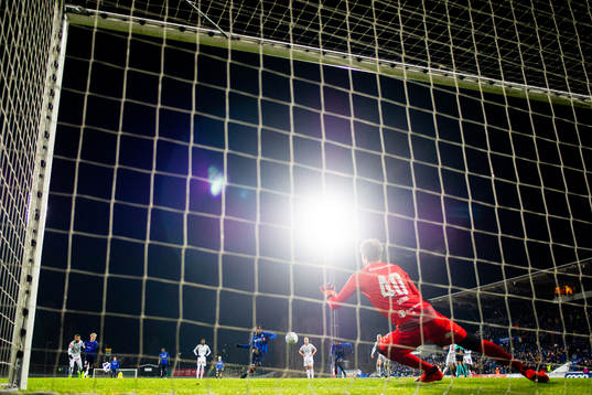 Franck Boli of Stabæk scores 1-0 behind goalkeeper Morten