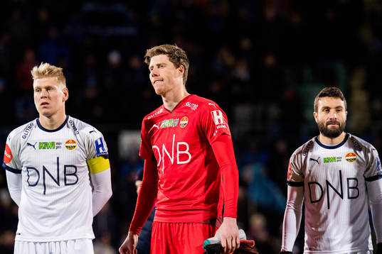 Jakob Glesnes of Strømsgodset, goalkeeper Morten Sætra