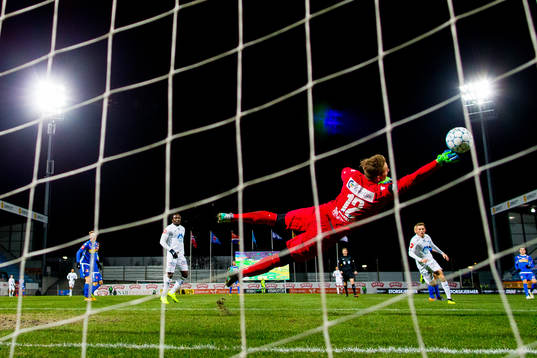 Goalkeeper Eirik Johansen of Sandefjord lets in the 1-3 goal