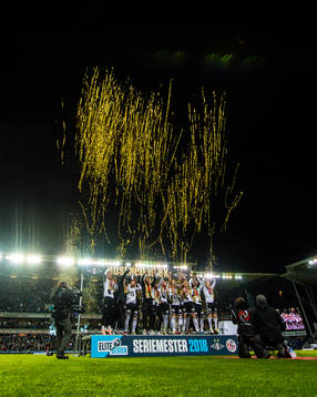 Players of Rosenborg celebrate winning the league