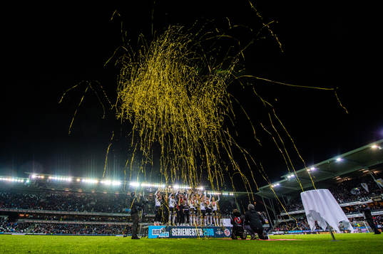 Players of Rosenborg celebrate winning the league