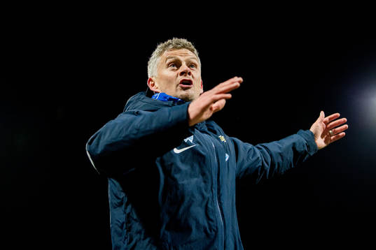 Ole Gunnar Solskjær, manager of Molde, celebrates winning