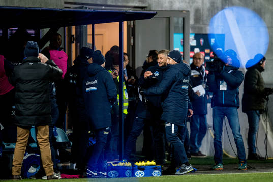 Ole Gunnar Solskjær, manager of Molde, celebrates at the