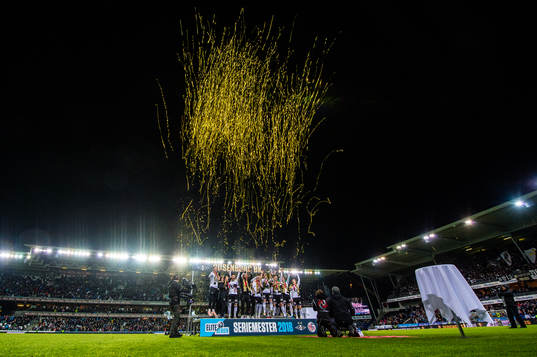 Players of Rosenborg celebrate winning the league