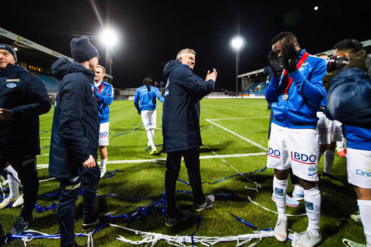 Ole Gunnar Solskjær, manager of Molde, celebrates