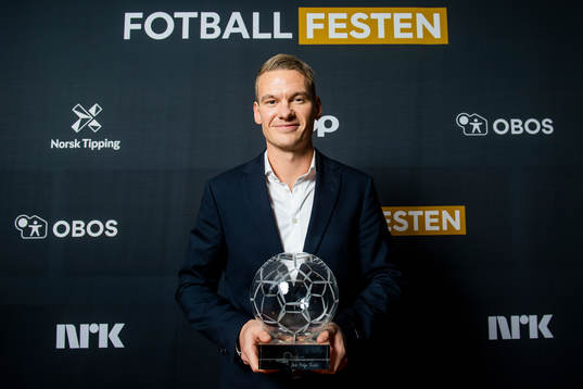 Jon Helge Tveita of Sarpsborg 08 poses with the prize for