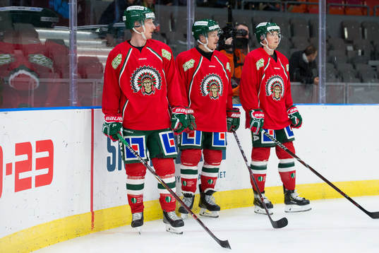 Frölundas Simon Hjalmarsson, Max Friberg och Joel Mustonen