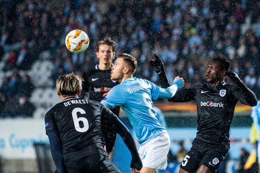 Arnór Ingvi Traustason of Malmö FF and Sebastien Dewaest