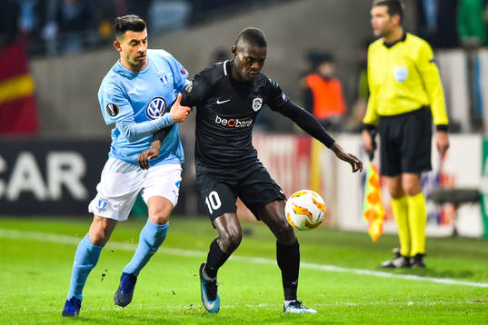 Behrang Safari of Malmö FF and Mbwana Samatta of Genk