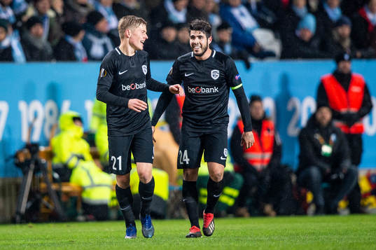 Jere Uronen and Alejandro Pozuelo of Genk celebrates 1-0