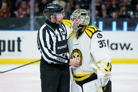 Brynäs målvakt David Rautio pratar med linjedomare Henrik