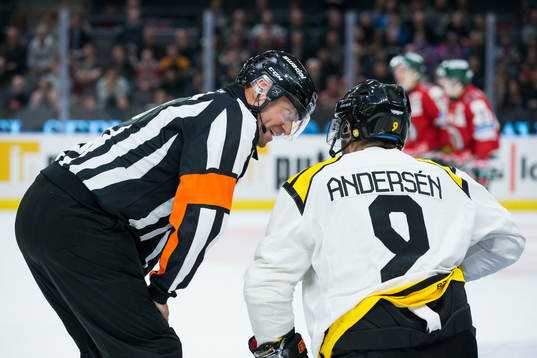 Domare Sören Persson pratar med Brynäs Niclas Andersén