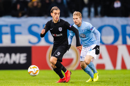 Leandro Trossard of Genk and Oscar Lewicki of Malmö FF