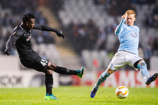 Joseph Aidoo of Genk and Anders Christiansen of Malmö FF