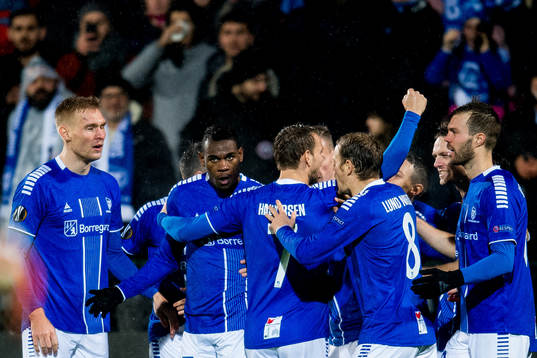 Rashad Muhammed of Sarpsborg 08 celebrates with teammates