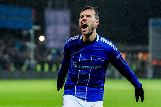 Patrick Mortensen of Sarpsborg 08 celebrates