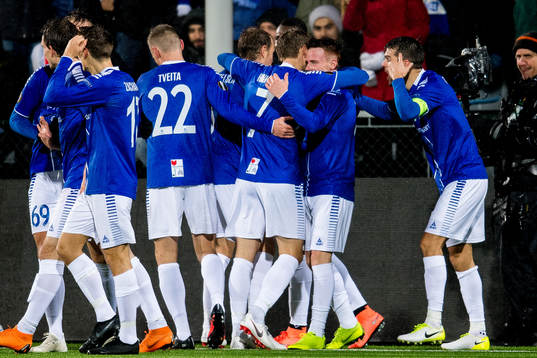Tobias Heintz of Sarpsborg 08 celebrates with teammates