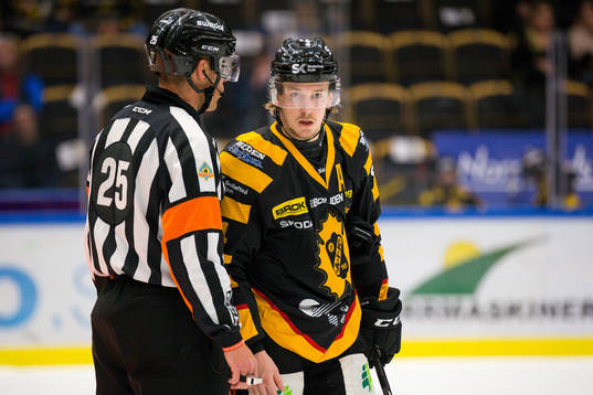 Domare Tobias Björk pratar med Skellefteås Jonathan Pudas