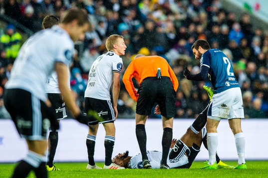 Samuel Adeniyi Adegbenro of Rosenborg with a injury