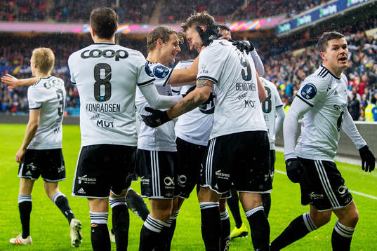 Nicklas Bendtner of Rosenborg celebrates with teammate