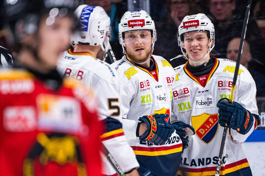 Djurgårdens Linus Hultström och Adam Falk jublar