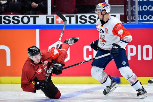 Tobias Ekberg of Malmö Redhawks falls in a duel with Frank