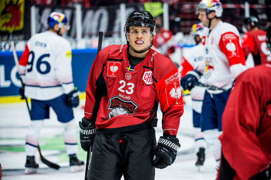 Christoffer Forsberg of Malmö Redhawks looks dejected