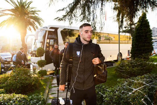 Egzon Binaku of Malmö FF arrives at the hotel