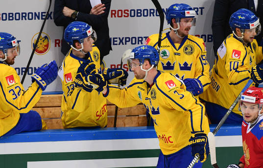 Sweden's Klas Dahlbeck celebrates his goal with teammates