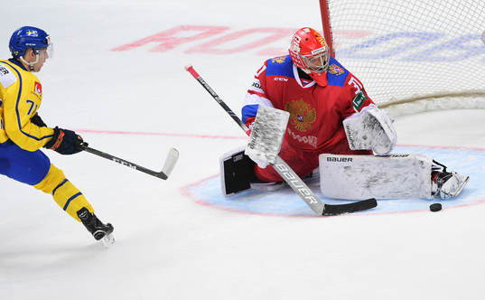 Russia's goalie Ilya Sorokin makes a save