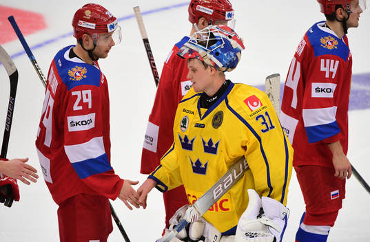 Sweden's goalie Lars Johansson reacts